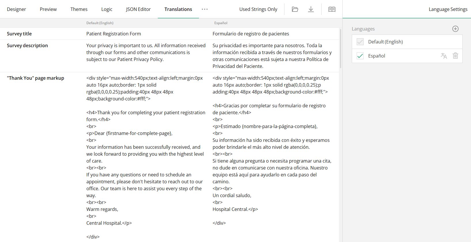 Translations Tab